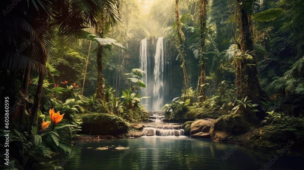 Tropical rainforest waterfall in the jungle landscape. Palm trees pond misty morning flowers and tropics. - obrazy, fototapety, plakaty 