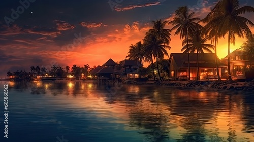 Sunset on a luxury beach resort. Tropical vacation with the ocean, boats, and hotel. Travel relaxing at the shore at dawn. © Fox Ave Designs