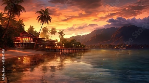 Sunset on a luxury beach resort. Tropical vacation with the ocean, boats, and hotel. Travel relaxing at the shore at dawn.