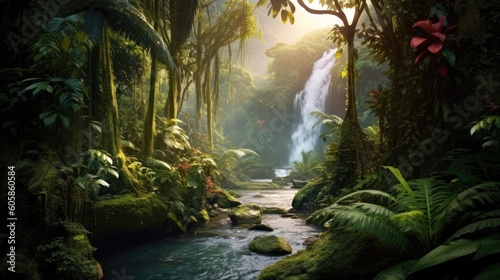 Tropical rainforest waterfall in the jungle landscape. Palm trees pond misty morning flowers and tropics. © Fox Ave Designs