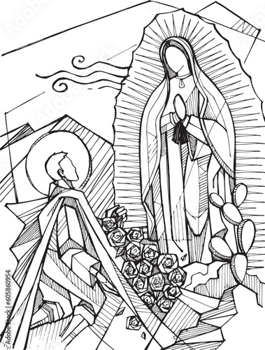 Hand drawn illustration of Virgin of Guadalupe and Juan Diego.
