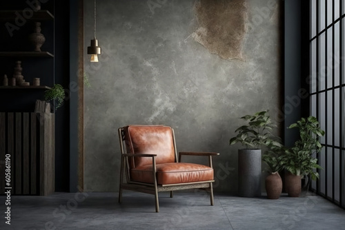 Loft-style Interior with leather armchair with dark cement wall