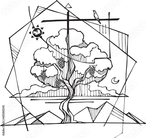 Hand drawn illustration of vine and branches.