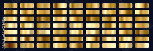 Gold foil texture background set. Vector golden, copper, brass and metal gradient template. Vector illustration