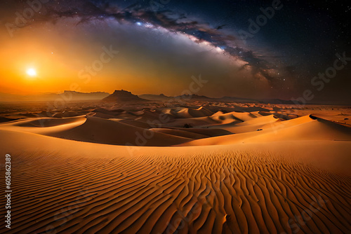 the desert with the beauty of the night sky  the beautiful sky that forms and leaves a mystery  the sand and the sky that blend together above the earth s atmosphere