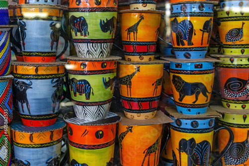 Coffee cups or mugs with colorful animal wildlife, Cape Town, South Africa.