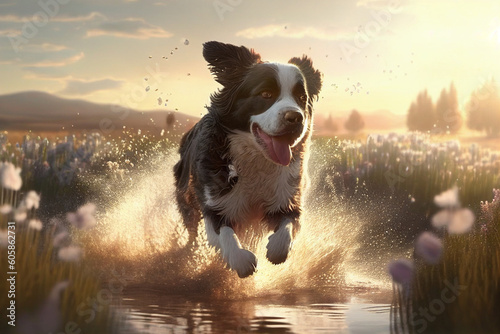 Fotótapéta dog running flowers field water splash sunlight sky aft, Generative AI