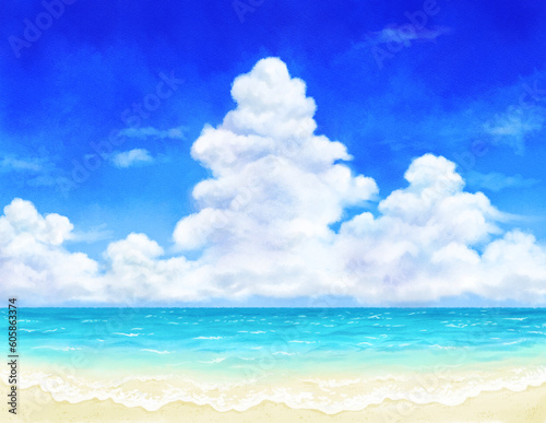 Blue sky  cumulonimbus  sea and beach drawn with digital watercolor