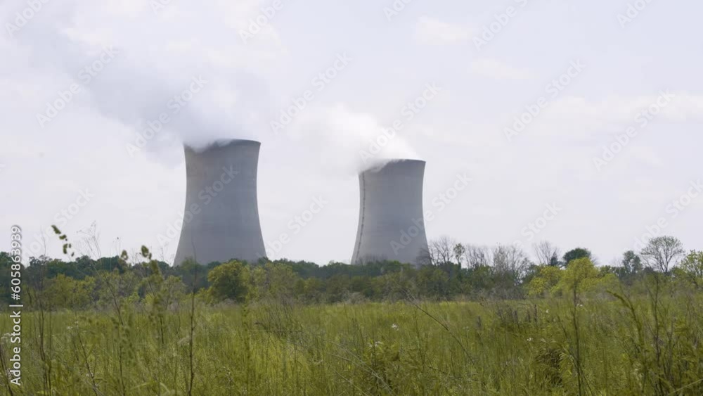 Nuclear reactor Power Plant on a warm cloudy day in the suburbs - establishing shot in field Nuclear reactor Power Plant on a warm cloudy day in the suburbs - establishing shot in field
