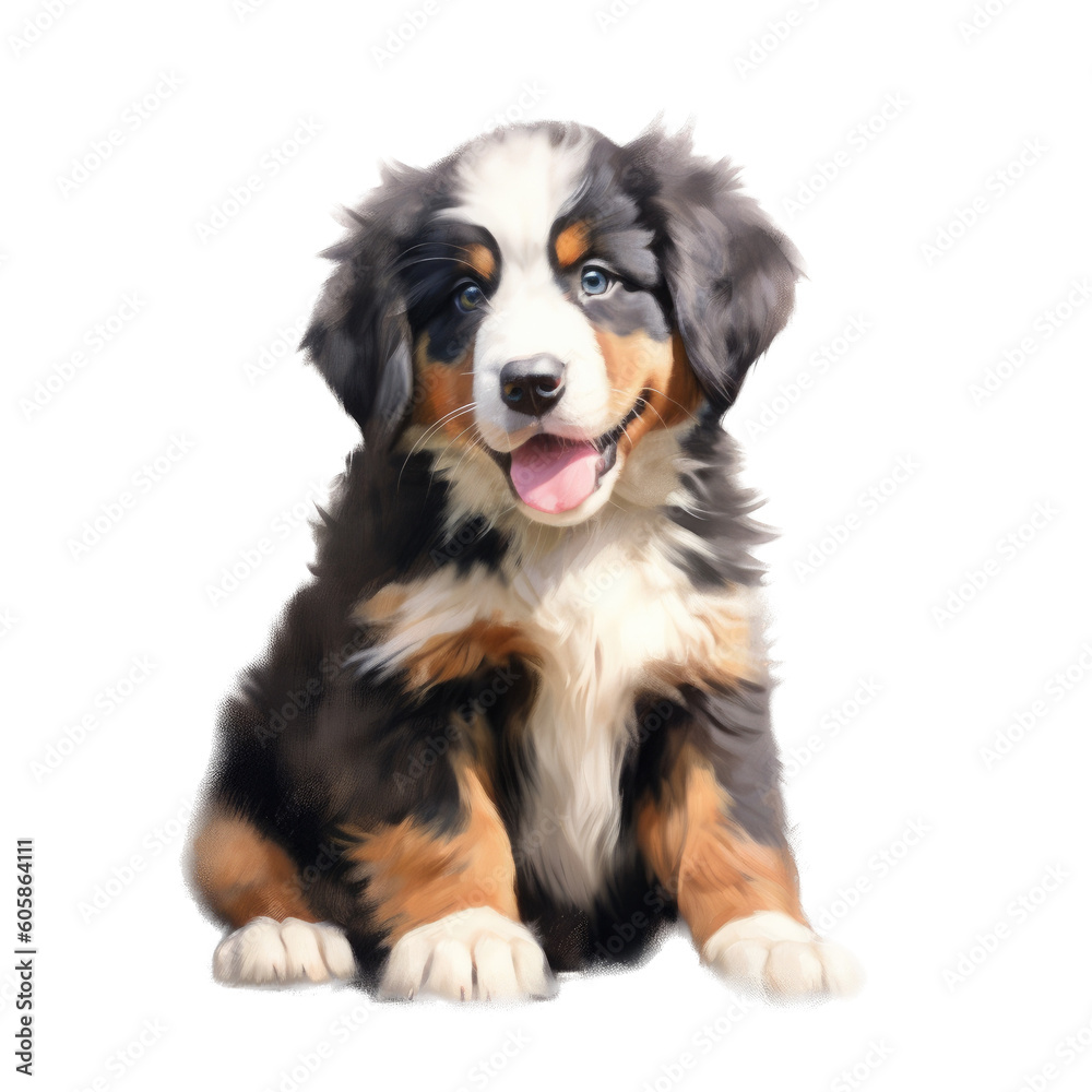 an adorable, Bernese Mountain Dog puppy, full body, sitting, happy, smiling, and healthy, Pet-themed, photorealistic illustrations in a PNG, cutout, and isolated. Generative AI