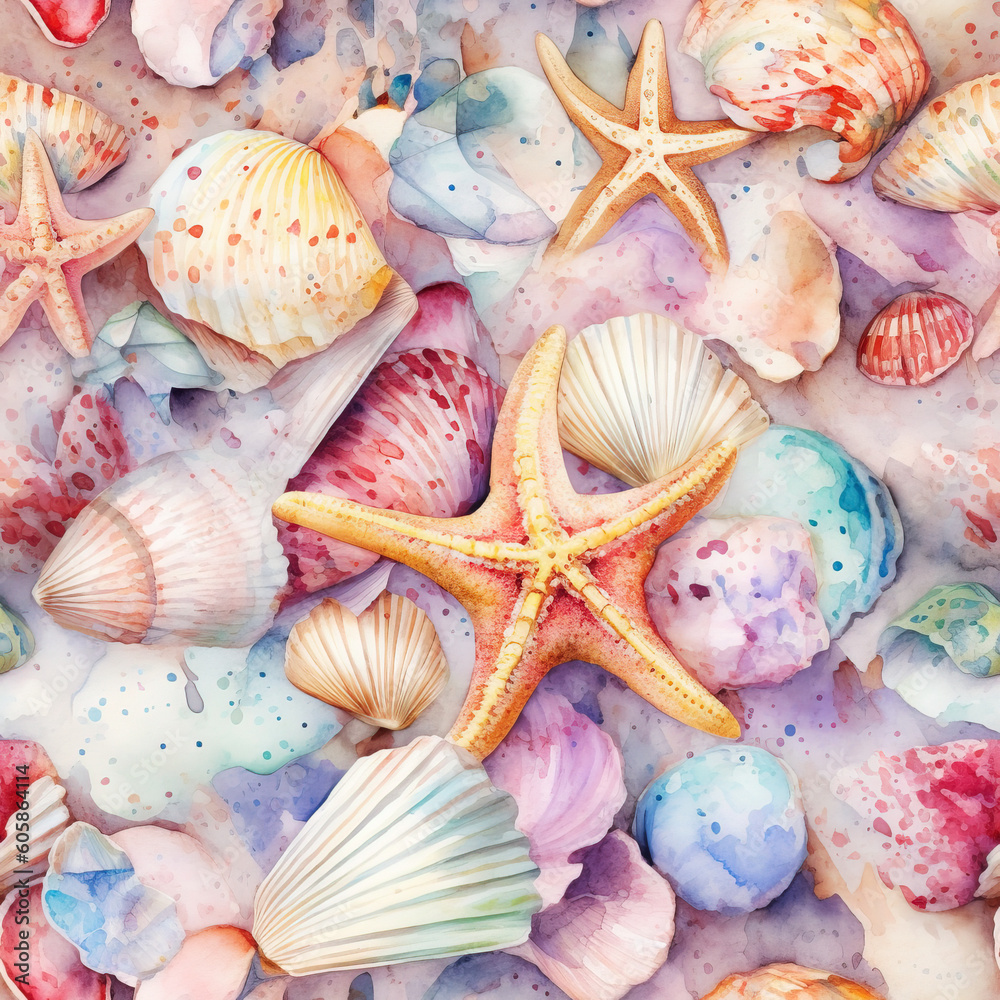 Seamless design with Sea Shells and Sea Stars . AI generated ...