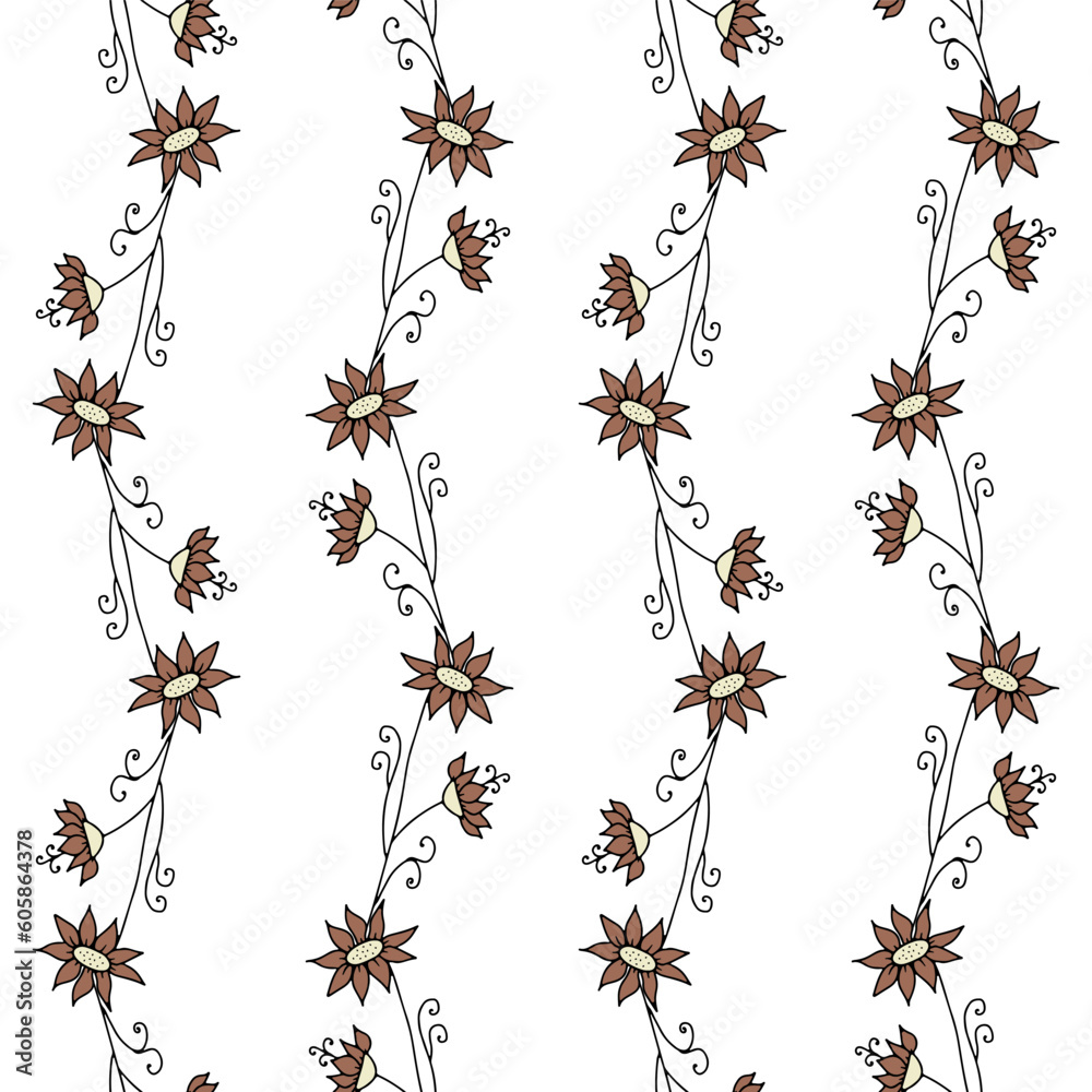 Seamless pattern with hand drawn abstract wildflowers. Line art meadow flowers on white background Seamless pattern with hand drawn abstract wildflowers. Line art meadow flowers on white background