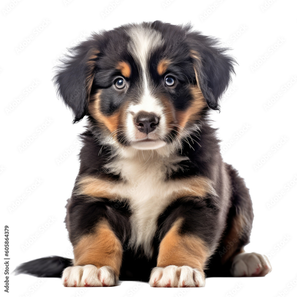 an adorable, Bernese Mountain Dog puppy, full body, sitting, happy, smiling, and healthy, Pet-themed, photorealistic illustrations in a PNG, cutout, and isolated. Generative AI