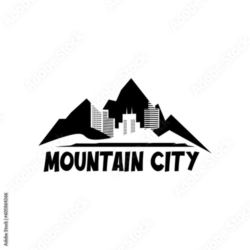 Black and white logo illustration for mountain and city