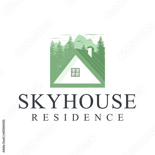 Logo for a cool house or cottage in the mountains with a garden