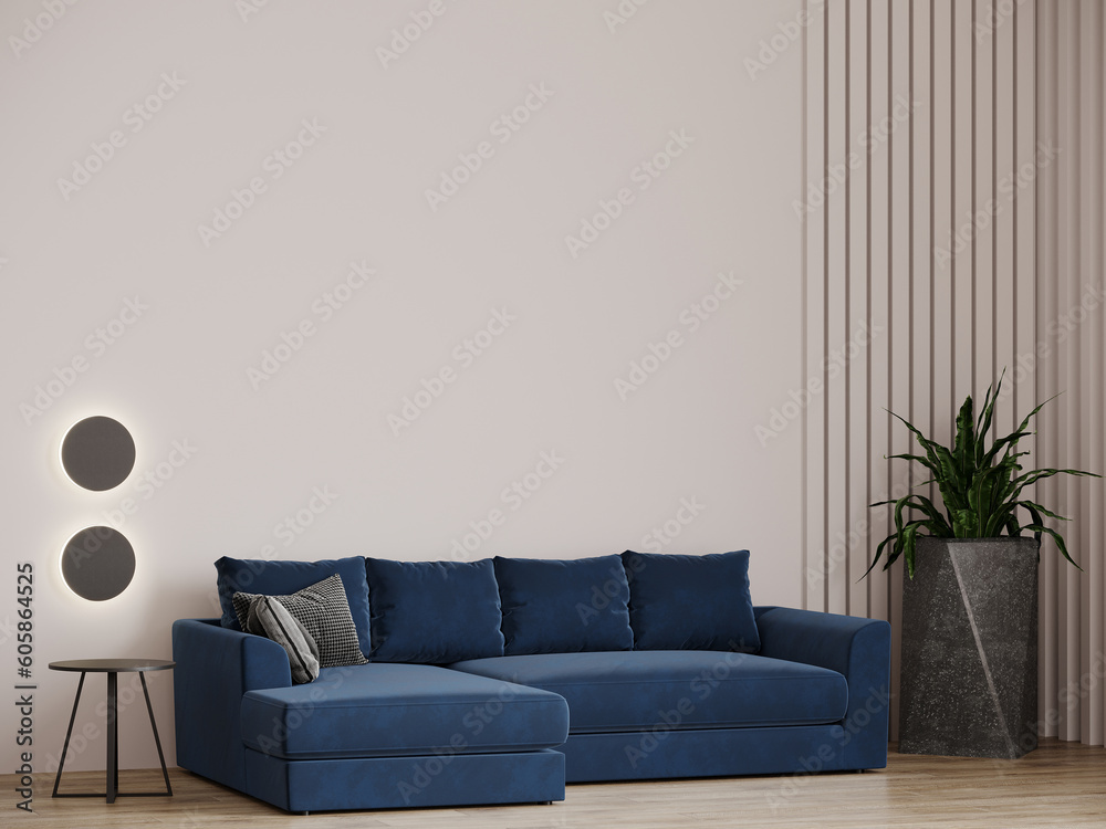 Livingroom with dark blue navy accent sofa. Modern minimalist interior ...