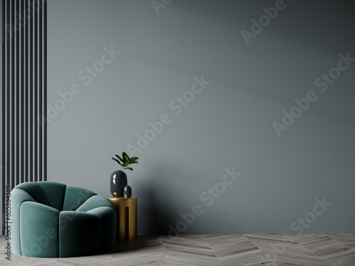 Grey green living room. Lounge area chair with an accent gold table and decor. Empty painted wall blank as background. Modern interior design room home or hotel. 3d rendering