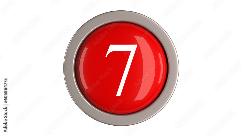 Red Button 3d with Number 7 white color on top, 3d button PNG isolated white background Red Button 3d with Number 7 white color on top, 3d button PNG isolated white background