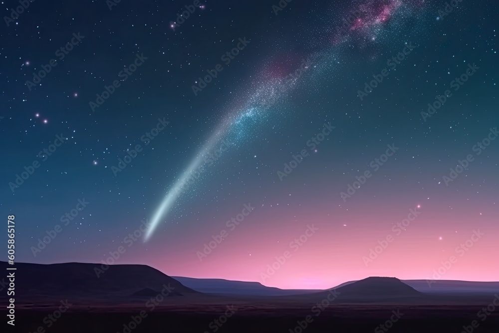 shooting star passing over a mountainous landscape at night Generative AI