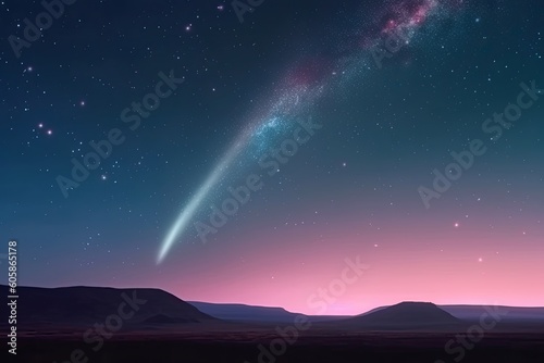 shooting star passing over a mountainous landscape at night Generative AI © AkuAku