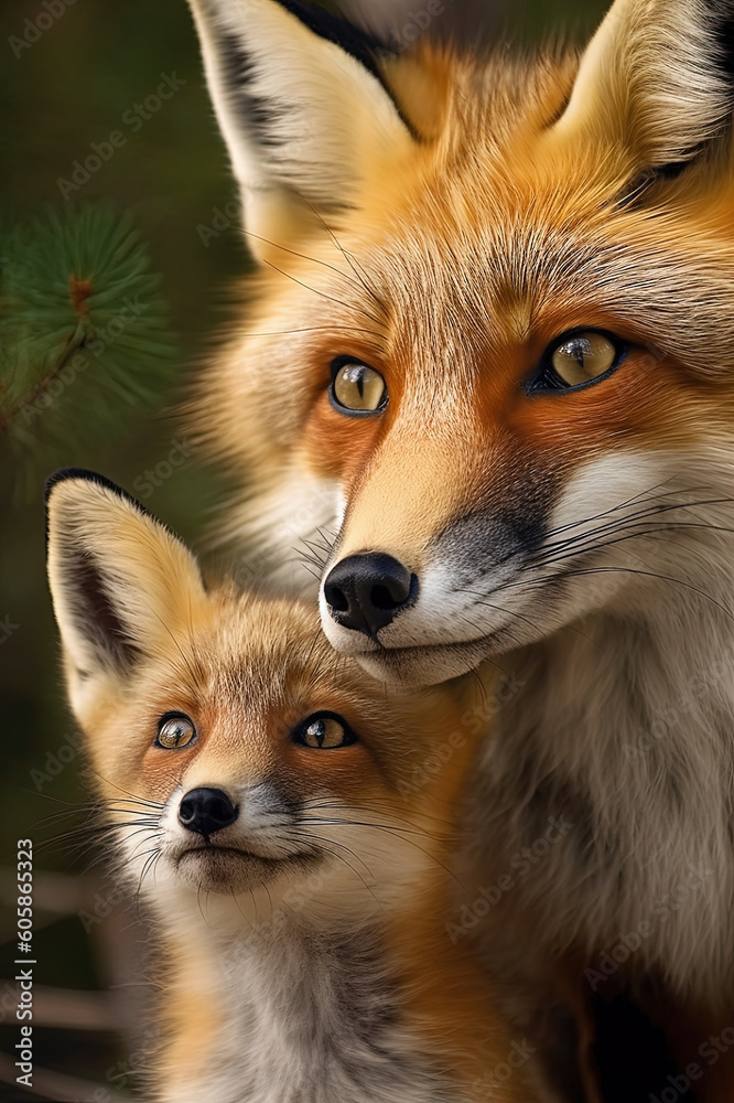 Mother Red Fox and Her Cub ,close up . AI generated Illustration. Mother Red Fox and Her Cub ,close up . AI generated Illustration.