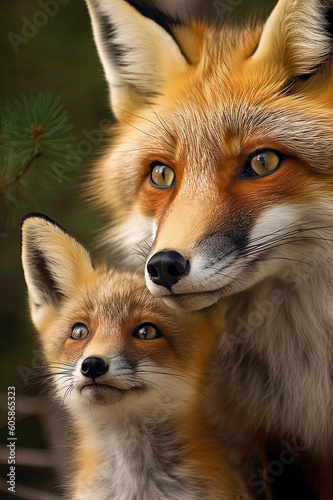Mother Red Fox and Her Cub ,close up . AI generated Illustration. © SunnyS
