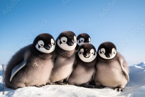 Generative AI Image of a group of adorable penguin chicks huddling together on a snowy Antarctic landscape under a vivid blue sky