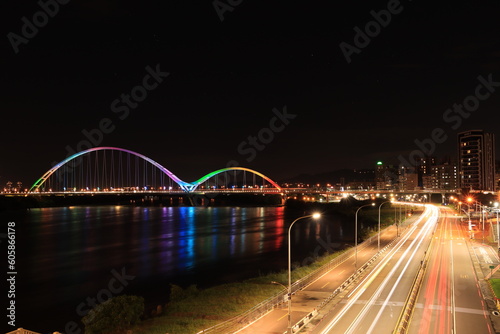 Night view of train tracks at Crescent Bridge, Banqiao District, New Taipei City, Taiwan