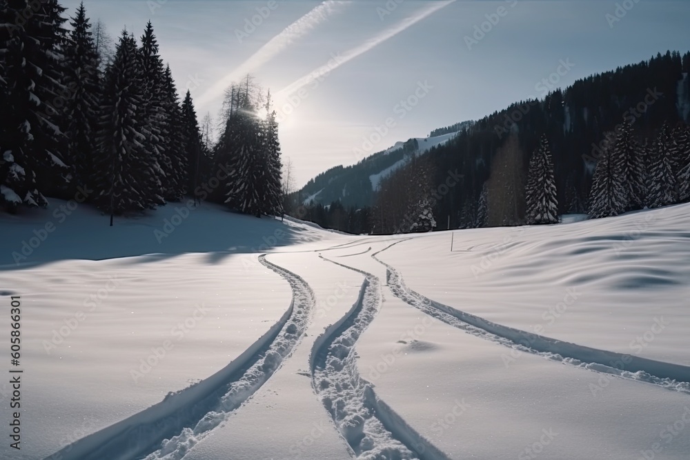 snowy landscape with visible tracks Generative AI snowy landscape with visible tracks Generative AI