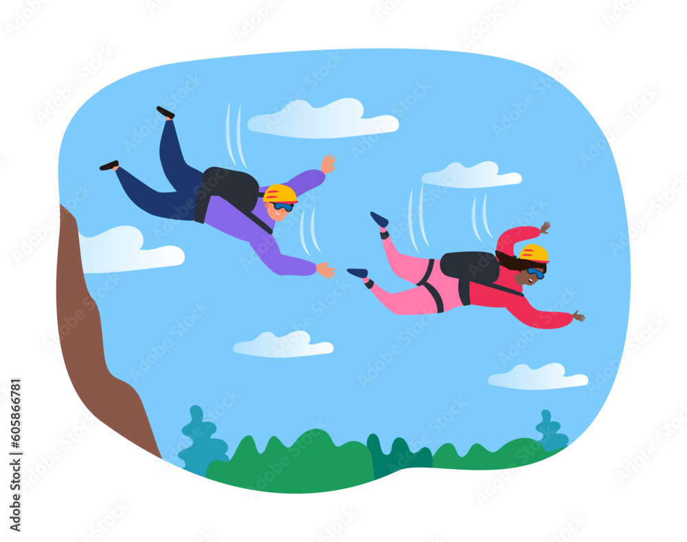 flying man and woman base jumping extreme sport skydiving vector illustration flying man and woman base jumping extreme sport skydiving vector illustration