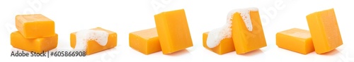 collection of orange soap vitamin C with bubbles isolated on white background.