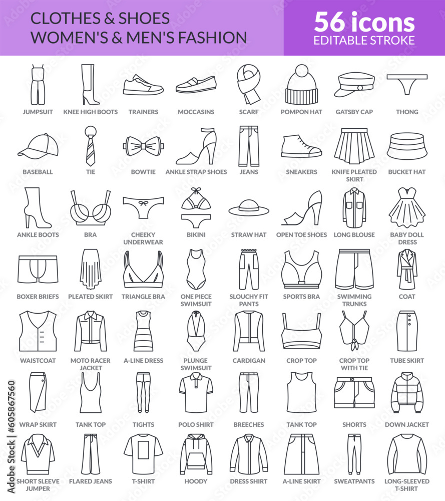 Big set of isolated Clothing and Shoes line icons. Big set of isolated Clothing and Shoes line icons.