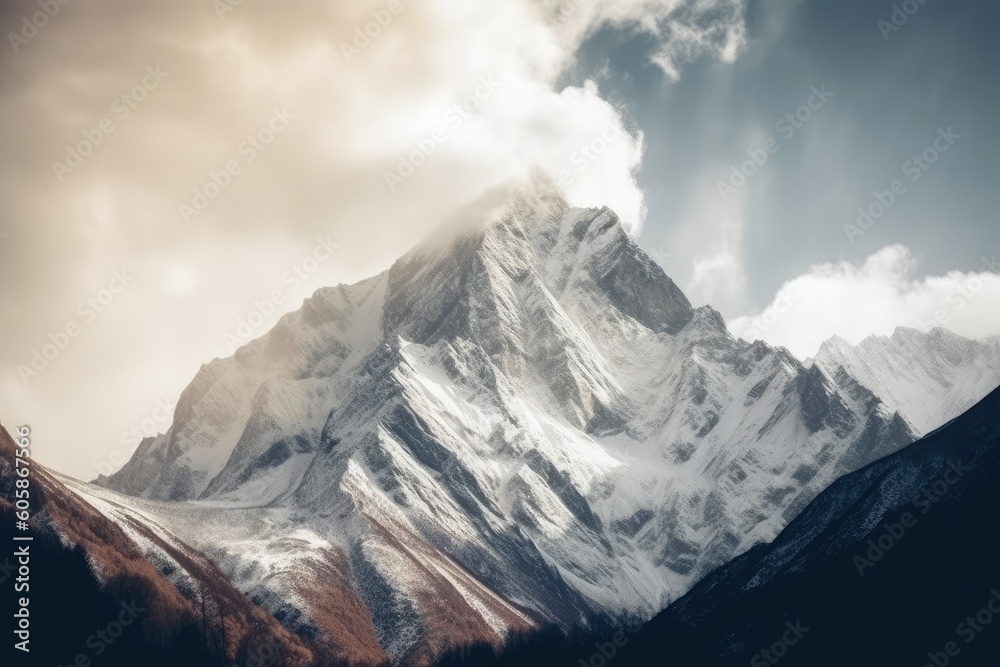 majestic snow-capped mountain peak under a cloudy sky Generative AI