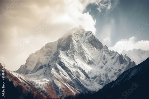majestic snow-capped mountain peak under a cloudy sky Generative AI © AkuAku