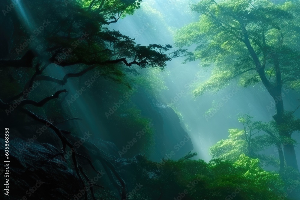 lush green forest with tall trees and sunlight filtering through the leaves Generative AI