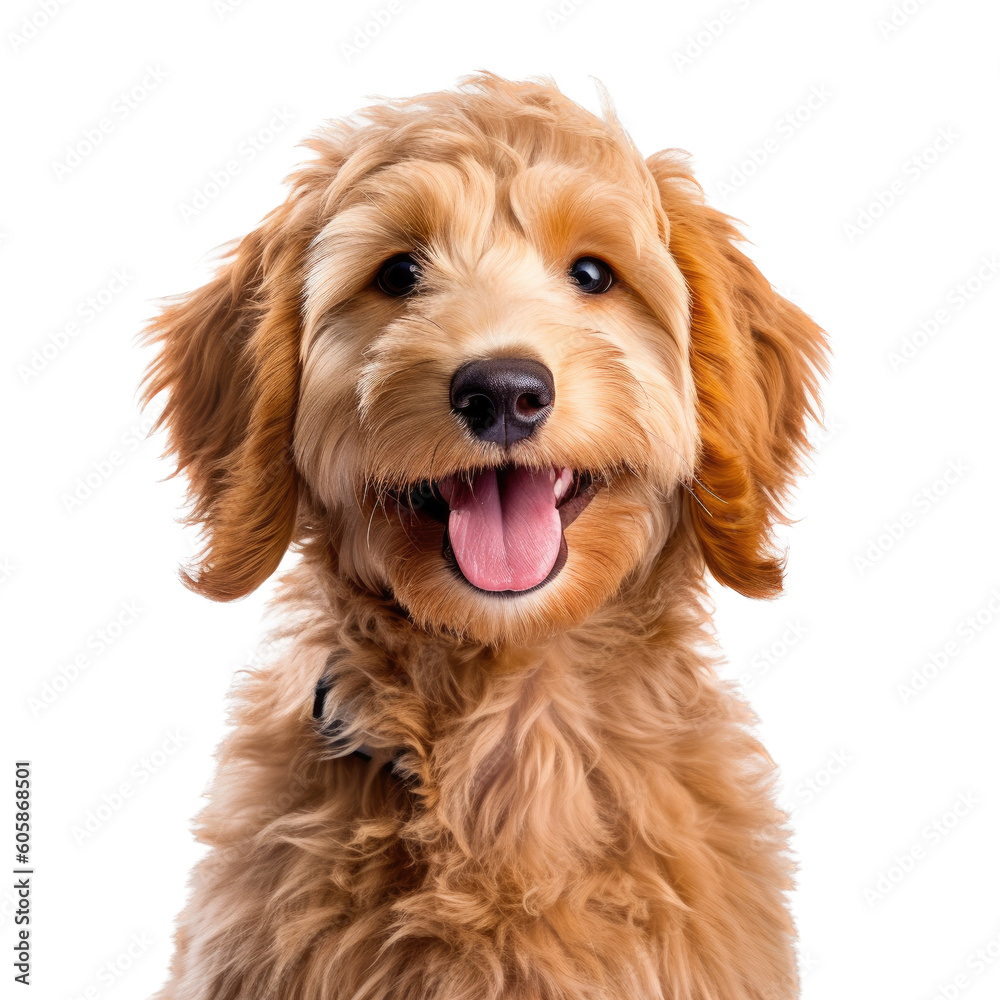 a cute Labradoodle puppy, Portrait, happy, smiling and fun, Pet-themed, photorealistic illustrations in a PNG, cutout, and isolated. Generative AI