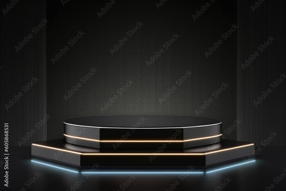 Obraz premium Blank podium with led lights for product visualization. Generative ai illustration