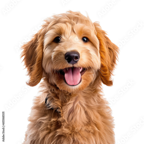 a cute Labradoodle puppy, Portrait, happy, smiling and fun, Pet-themed, photorealistic illustrations in a PNG, cutout, and isolated. Generative AI photo