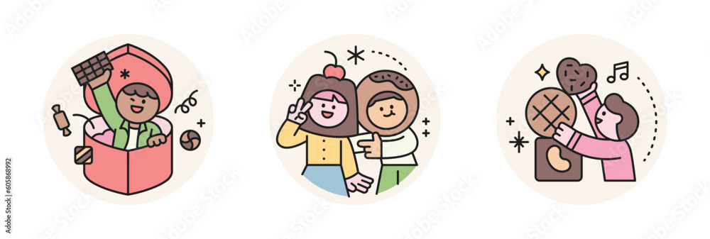 Fototapeta premium World Chocolate Day. Cute characters and sweet chocolate. gift box, couple photo, cookies