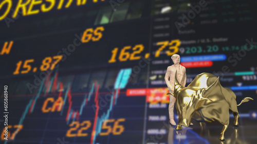 The business man and gold bull on chart background 3d rendering