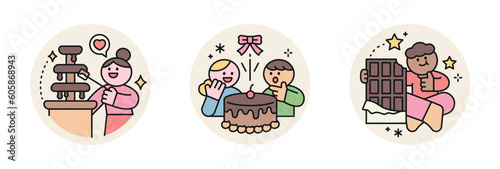 World Chocolate Day. Cute characters and sweet chocolate. fountain, cake, chocolate in foil