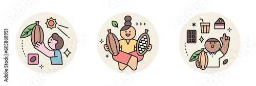 World Chocolate Day. Cute characters and sweet chocolate. Cacao farm, farmer, food