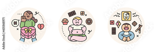 World Chocolate Day. Cute characters and sweet chocolate. gift refuse, fat, sweet teeth.