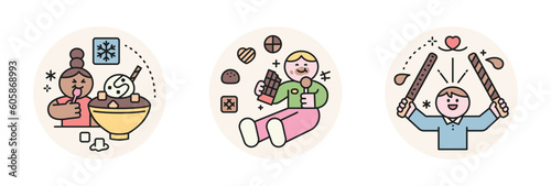 World Chocolate Day. Cute characters and sweet chocolate. choco shaved ice, dessert, choco stick.