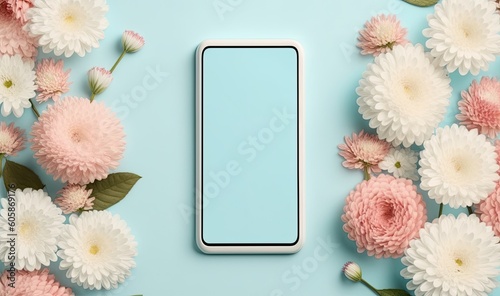 Blank mobile phone mockup with flowers on pastel  background for social media posts or ecommerce ads. Generative ai illustration