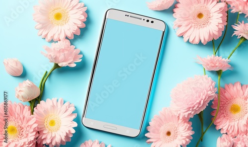 Blank mobile phone mockup with flowers on pastel  background for social media posts or ecommerce ads. Generative ai illustration