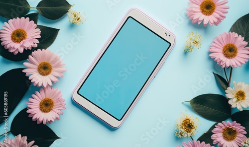Blank mobile phone mockup with flowers on pastel  background for social media posts or ecommerce ads. Generative ai illustration