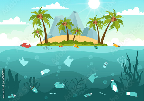 Stop Ocean Plastic Pollution Vector Illustration with Trash Under the Sea like a Waste Bag, Garbage and Bottle in Flat Cartoon Hand Drawn Templates