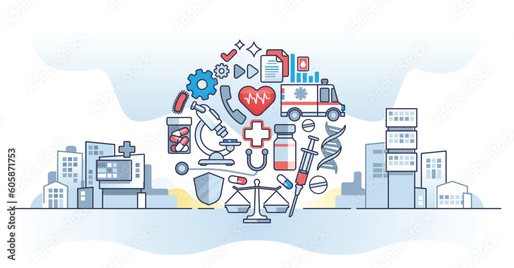 Health information technology and medical care IT complex outline concept. Patient digital history, prescriptions, treatment or diagnosis records vector illustration. Clinic e-health service elements