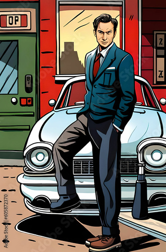 A businessman wearing a suit is standing in front of his luxury car. Comic style Generative AI